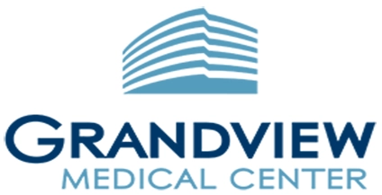 A composite graphic featuring three different versions of the Grandview Medical Center logo. The logos include the name 