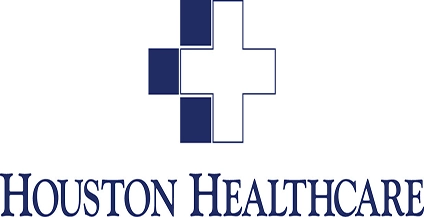 White and blue logo featuring a cross with 