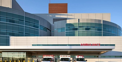 building with ambulances in front of it