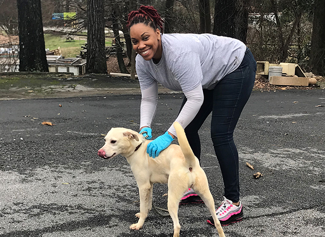 A woman in a gray shirt and jeans, wearing blue gloves, smiles while gently holding a light-colored dog on a paved path with trees in the background.