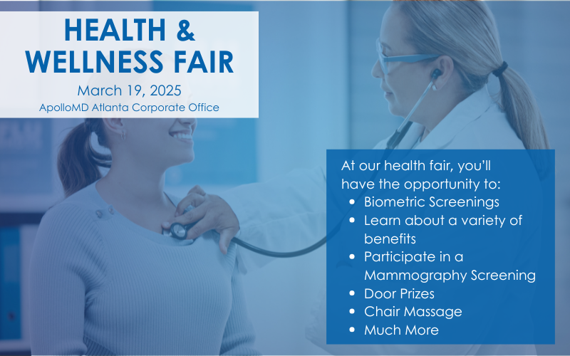Health & Wellness Fair flyer with a doctor using a stethoscope on a smiling woman. Event details include screenings, benefits, and activities on March 19, 2025.