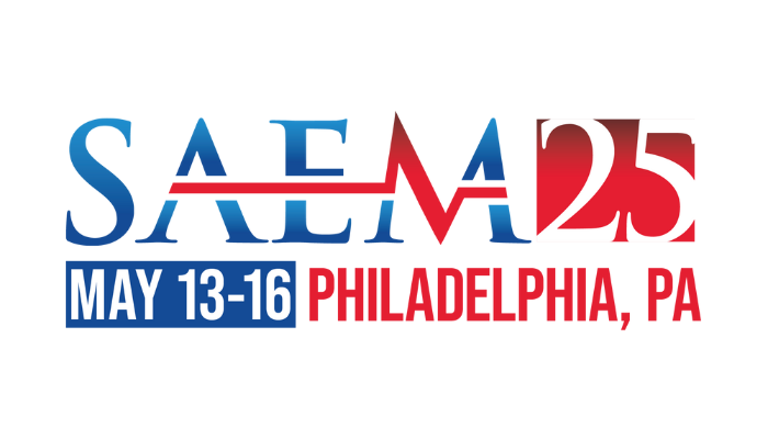 Promotional graphic for the SAEM25 Annual Meeting (Society for Academic Emergency Medicine), scheduled for May 13-16, 2025, at the Philadelphia Marriott Downtown in Philadelphia, PA.