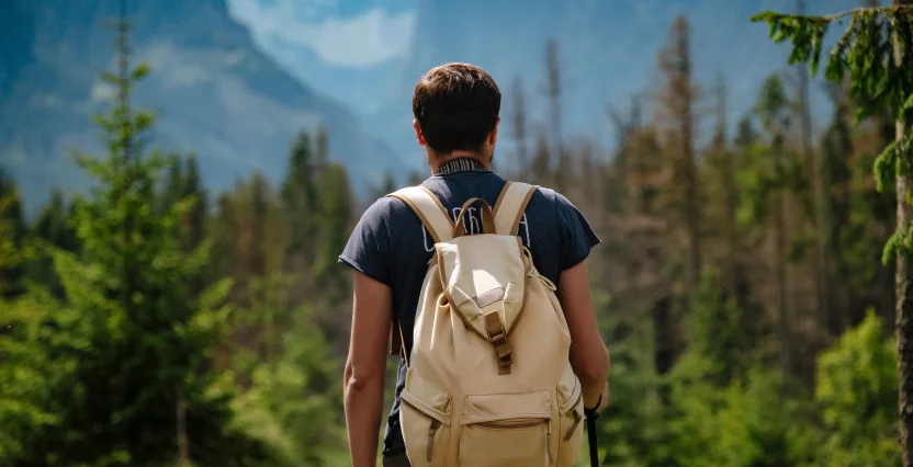 The back of a man who is hiking, you see a mountain range and trees