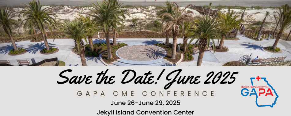 Save the date announcement for GAPA CME Conference, June 26-29, 2025, Jekyll Island Convention Center. Beach scene with palm trees and dunes.