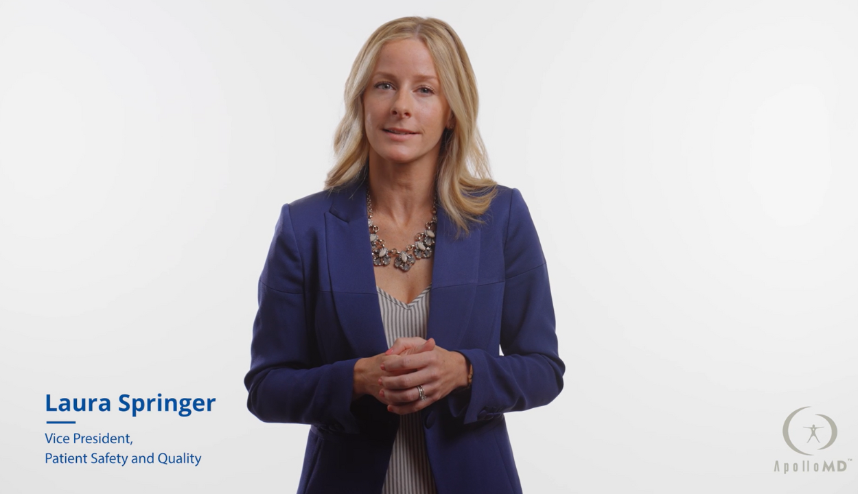 A woman in a blue blazer stands confidently against a white background. She has blonde hair and wears a necklace. Text identifies her as Vice President at ApolloMD.