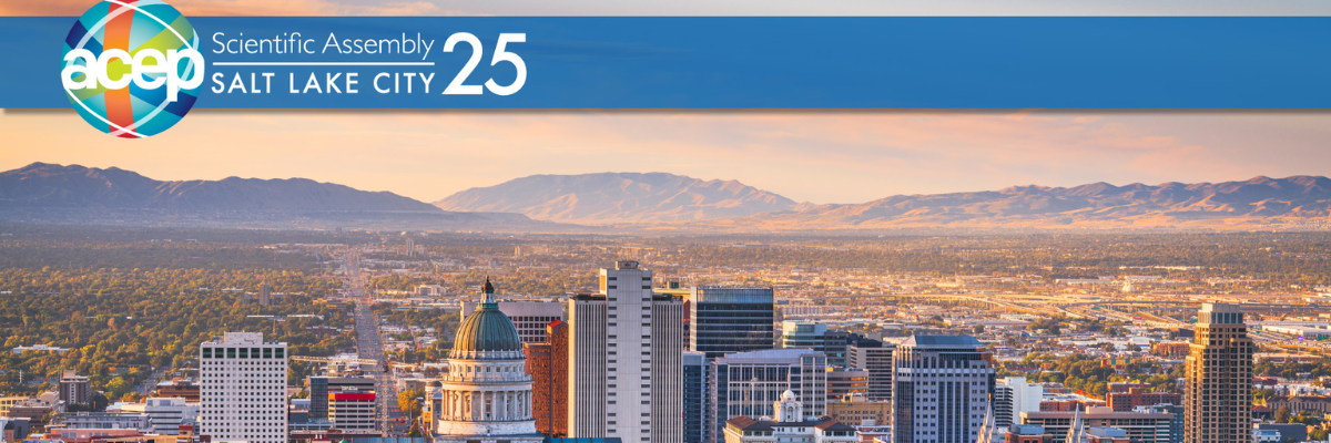 Panoramic view of Salt Lake City skyline with mountains in the background at sunset. A banner reads 