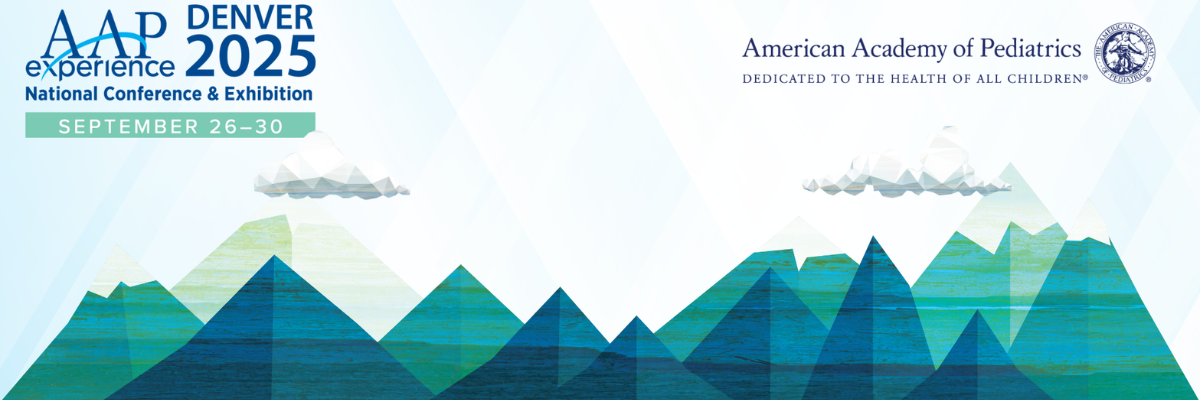 Illustration for the AAP Experience 2025 in Denver, featuring abstract blue and green mountains under text about the conference dates, September 26-30.