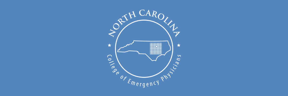 Blue background with circular logo of North Carolina College of Emergency Physicians. White map outline of NC with grid detail, surrounded by text.