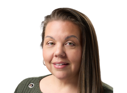 Tennille Lizarrage, with long brown hair and hoop earrings smiles gently. She wears a green knit top with button details against a plain white background.