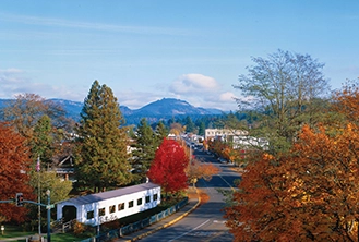 Scenic view of Cottage Grove in autumn, with colorful trees lining the streets and distant mountains under a clear blue sky. Cozy and serene atmosphere.
